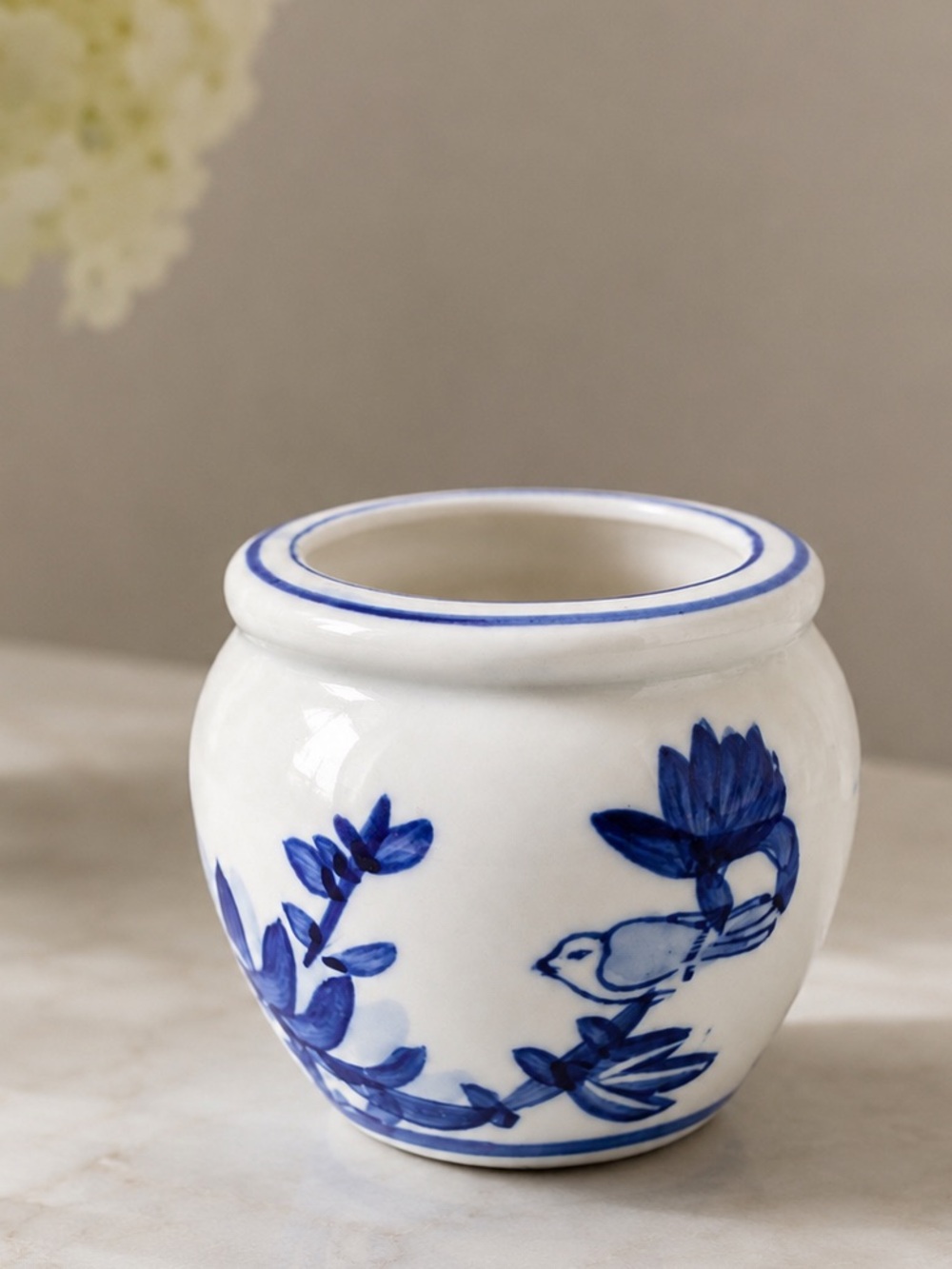 Vintage Chinoiserie Bird Cachepot Planter Blue White Grandmillennial Floral
